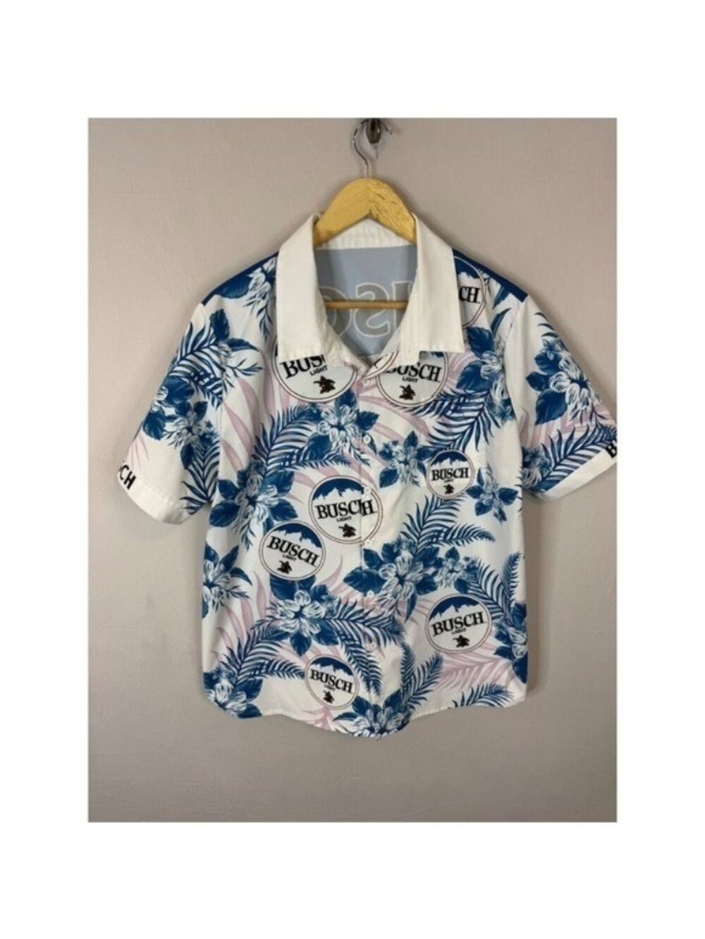 Busch Light Beer Tropical Hibiscus Floral Button Up Shirt Mens Blue White L